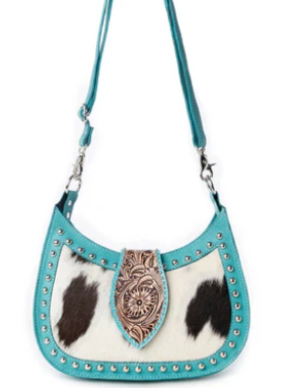 Myra Santa Fe Hand Toole Crossbody Turquoise with hair-on leather stud NWT